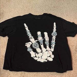 Black Graphic Skeleton Hand Tee with Turquoise Accents graphic tee
